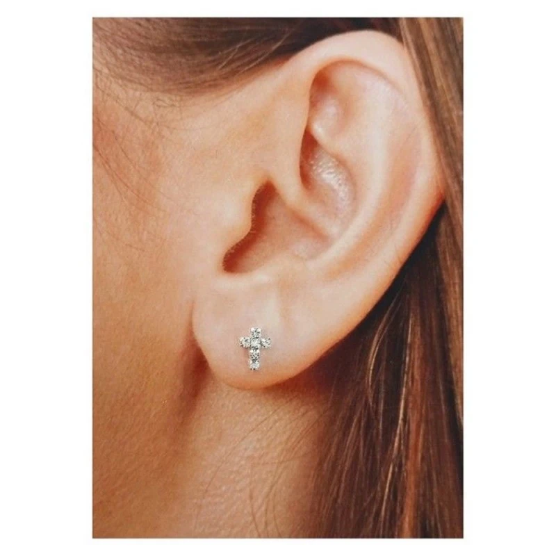 Cruz Pendientes Plata Ley 925m rodiados 8 mm. circonitas