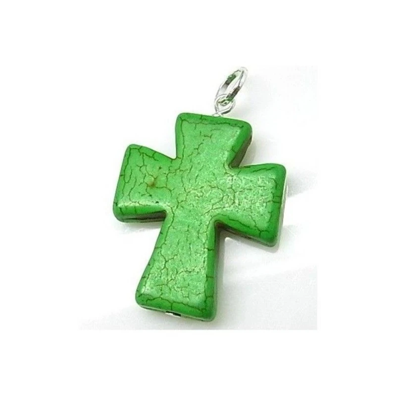 Cruz Colgante Plata Ley 925m piedra color verde 35 mm.