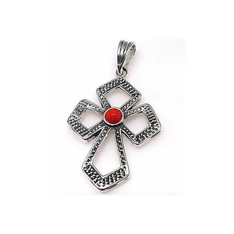 Cruz Colgante Plata Ley 925m calada 30 mm. piedra color coral centro
