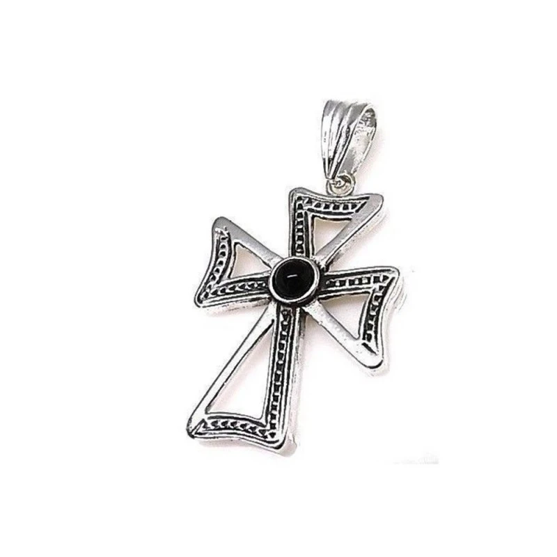 Cruz Colgante Plata Ley 925m calada 30 mm. piedra centro color negro