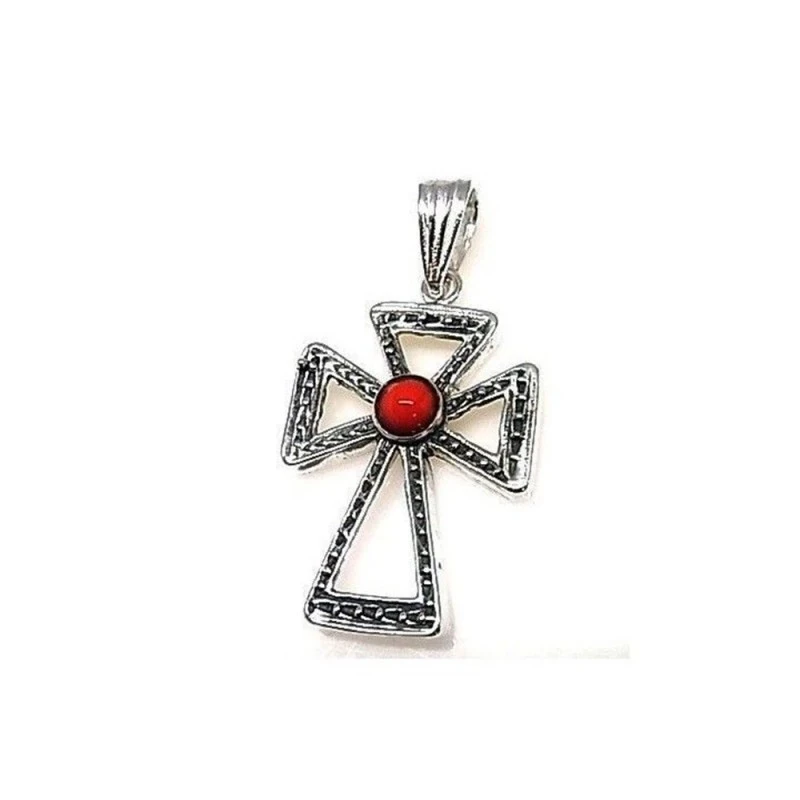 Cruz Colgante Plata Ley 925m calada 25 mm. piedra centro color coral