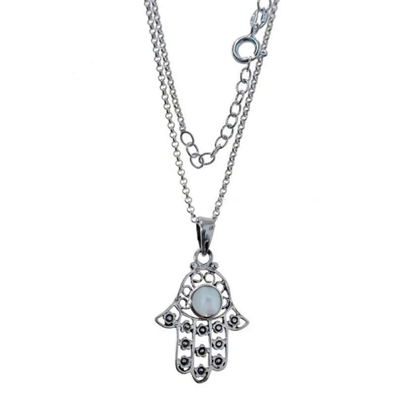 Mano Fátima Collar Plata Ley 925m mujer 42 cm. nácar centro 6 mm. tam