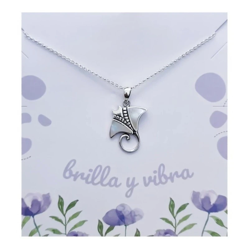Collar Plata Ley 925m mujer 42 cm. colgante raya 22 mm. detalle nácar