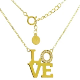 Gargantilla Plata Ley 925m chapada oro 45 cm. LOVE 20 mm. circonitas