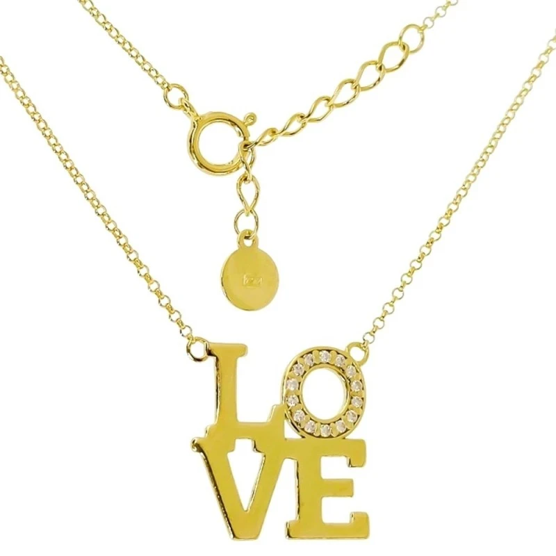 Gargantilla Plata Ley 925m chapada oro 45 cm. LOVE 20 mm. circonitas