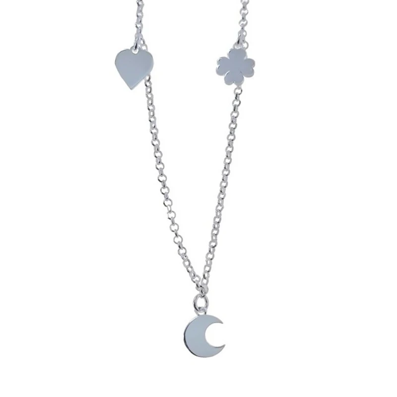 Tobillera Plata Ley 925m mujer 21 cm. cadena rolo luna corazón trébol