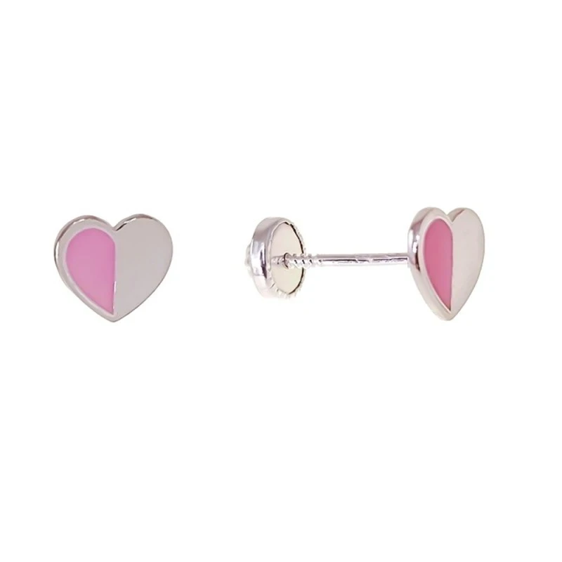 Pendientes Plata Ley 925m niña 5 mm. corazón esmaltado rosa combinado