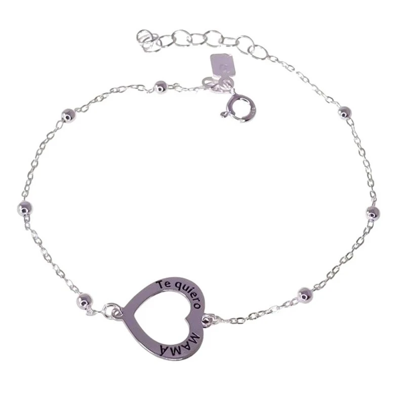 Pulsera Plata Ley 925m mujer 18 cm. corazón calado 14 mm. mensaje TE