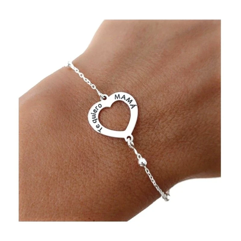 Pulsera Plata Ley 925m mujer 18 cm. corazón calado 14 mm. mensaje TE