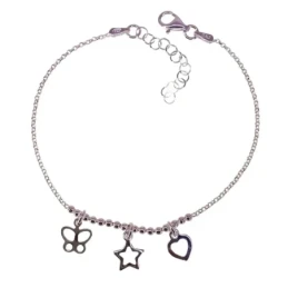 Pulsera Plata Ley 925m mujer 17 cm. cadena rolo combinada bolas coraz