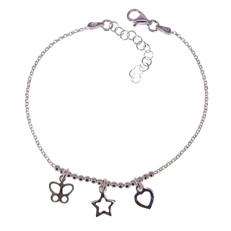 Pulsera Plata Ley 925m mujer 17 cm. cadena rolo combinada bolas coraz