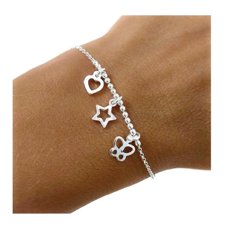 Pulsera Plata Ley 925m mujer 17 cm. cadena rolo combinada bolas coraz