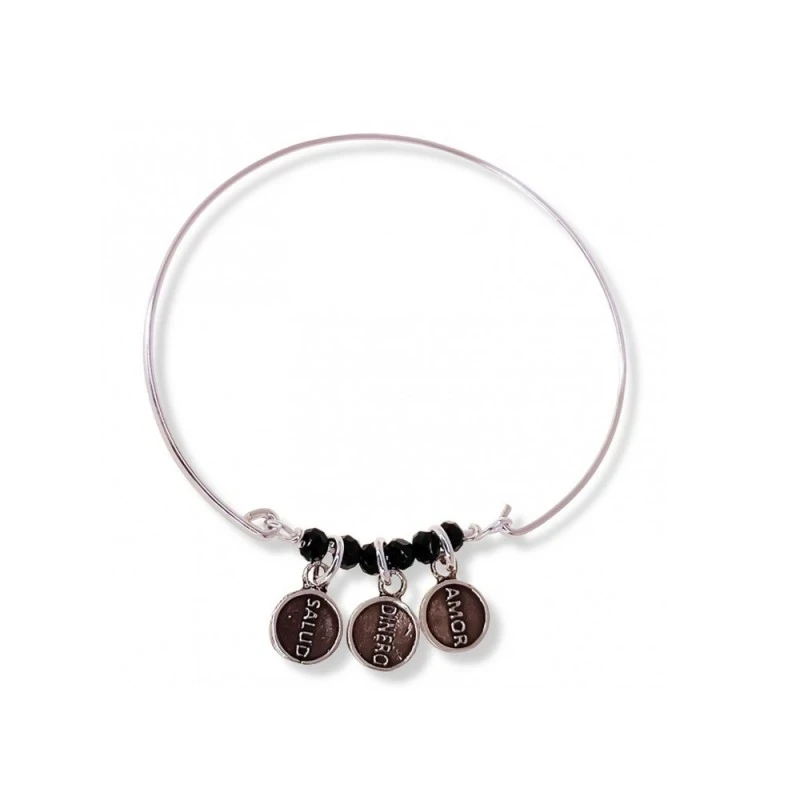 Pulsera Rígida Plata Ley 925m mujer tres monedas salud dinero y amor