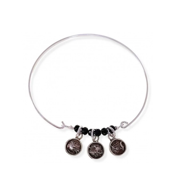 Pulsera Rígida Plata Ley 925m mujer tres monedas salud dinero y amor