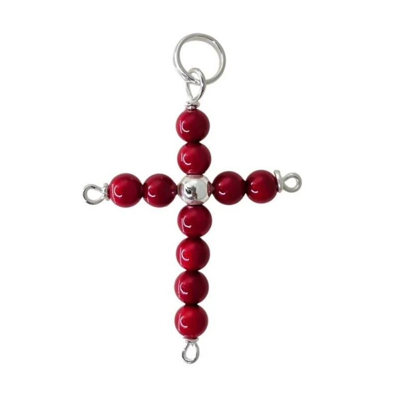 Cruz Colgante Plata Ley 925m mujer 35 x 27 mm. bolas rojas 4 mm. lisa