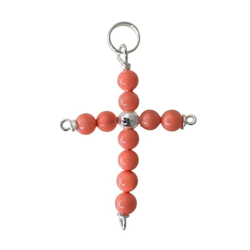 Cruz Colgante Plata Ley 925m mujer 35 x 27 mm. bolas color coral 4 mm
