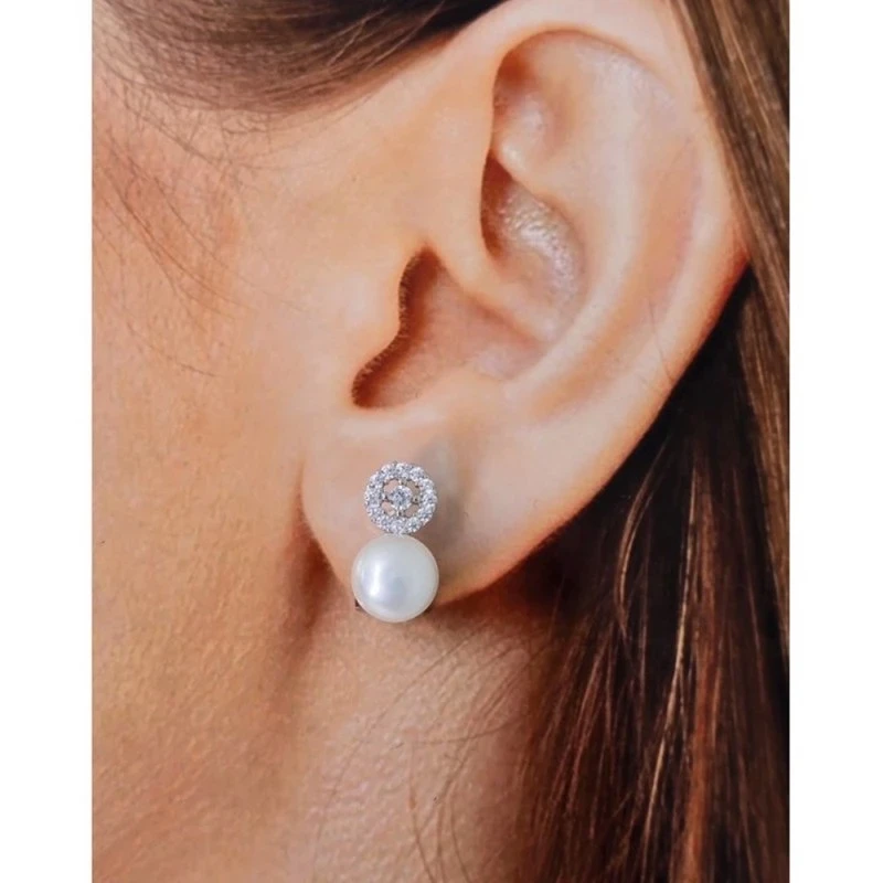 Pendientes Plata Ley 925m mujer 16 mm. perla cultivada 9 mm. circonit