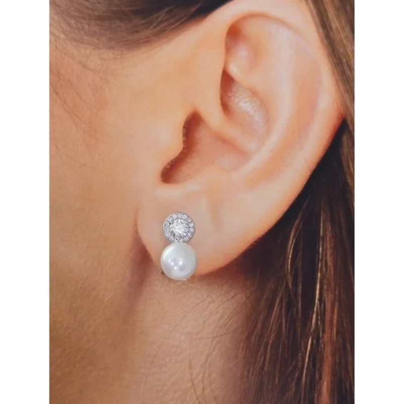 Pendientes Plata Ley 925m mujer 15 mm. perla cultivada 8 mm. circonit