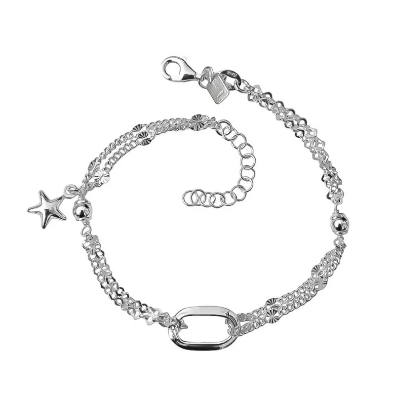 Pulsera Plata Ley 925m doble cadena 17 cm. bolas 4 mm. entrepieza ova