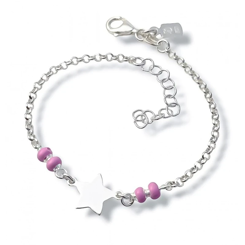 Pulsera Plata Ley 925m niña 14 cm. cadena rolo estrella 9 mm. bolas e