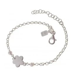 Pulsera Plata Ley 925m niña 14 cm. cadena rolo 2 mm. flor lisa 9 mm.