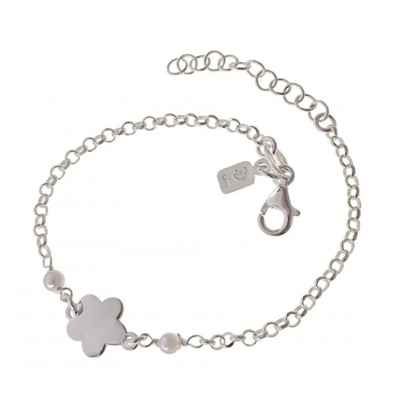 Pulsera Plata Ley 925m niña 14 cm. cadena rolo 2 mm. flor lisa 9 mm.