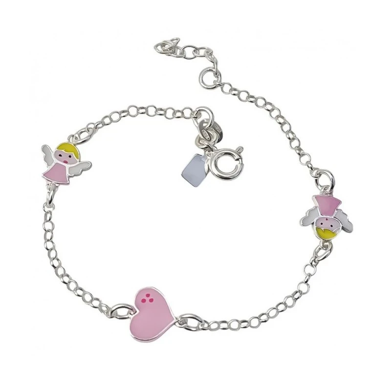 Pulsera Plata Ley 925m niña cadena rolo 16 cm. ángeles esmaltados 8 m