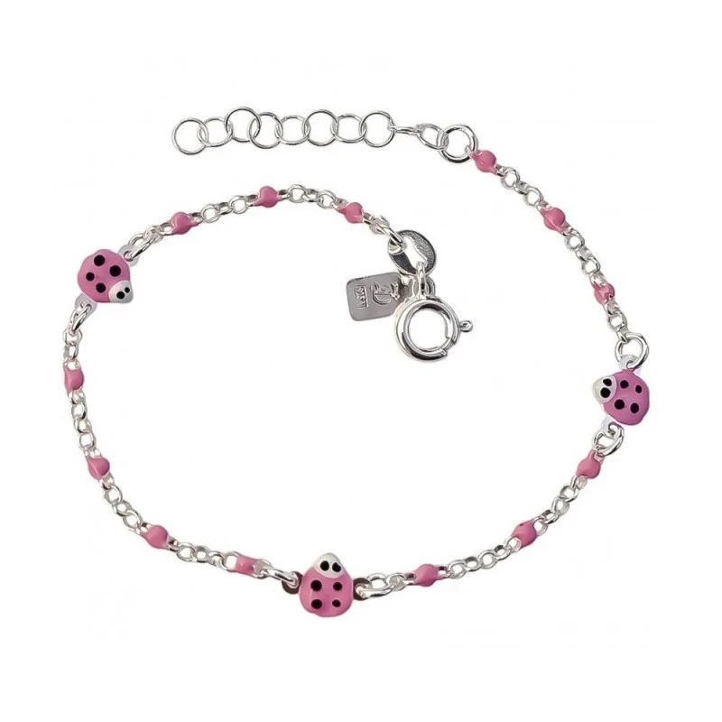 Pulsera Plata Ley 925m niña 15 cm. mariquitas esmaltadas rosas 5 mm.