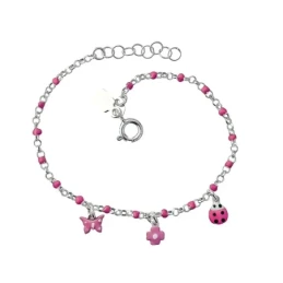 Pulsera Plata Ley 925m niña 15 cm. flor 5 mm. mariposa 5 mm. mariquit