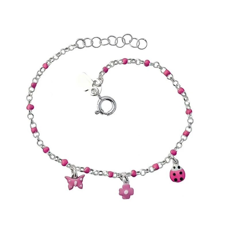 Pulsera Plata Ley 925m niña 15 cm. flor 5 mm. mariposa 5 mm. mariquit