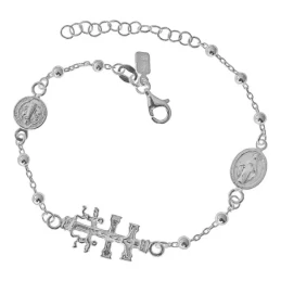 Cruz Caravaca Pulsera Plata Ley 925m 17 cm. medalla San Benito 8 mm.