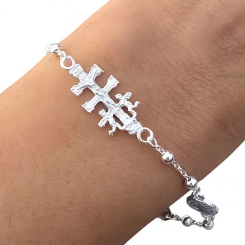 Cruz Caravaca Pulsera Plata Ley 925m 17 cm. medalla San Benito 8 mm.