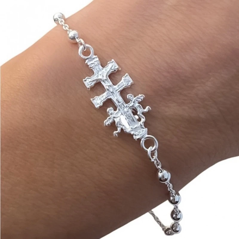 Cruz de Caravaca Pulsera Plata Ley 925m cadena 17 cm. combinada bolas