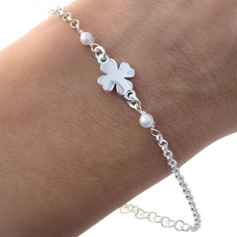 Pulsera Plata Ley 925m cadena rolo 15 cm. detalle trébol 9 mm. combin