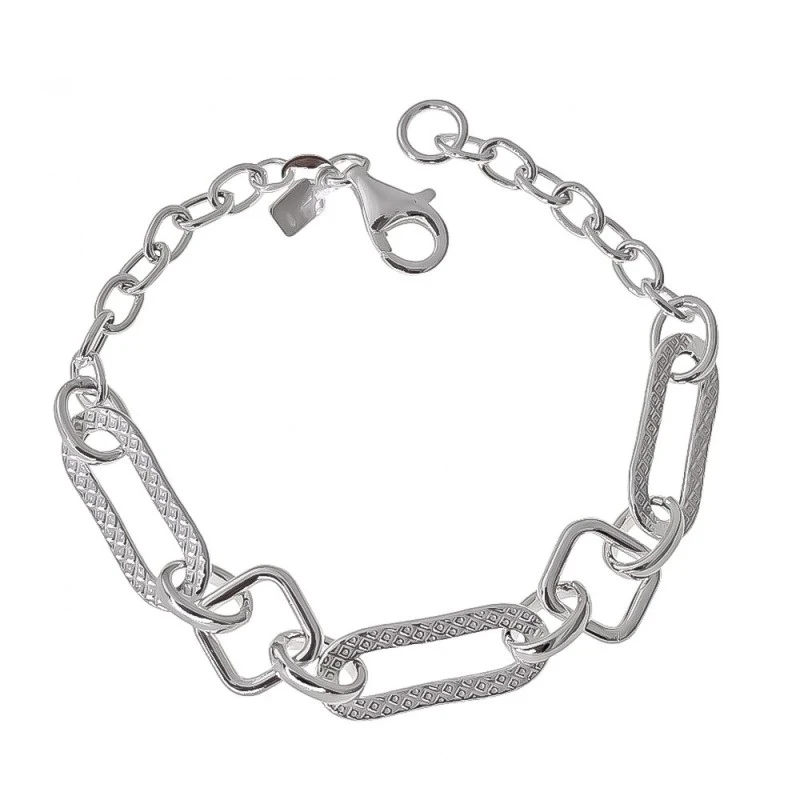 Pulsera Plata Ley 925m 19 cm. eslabones huecos ovalados dibujo 21 x 8