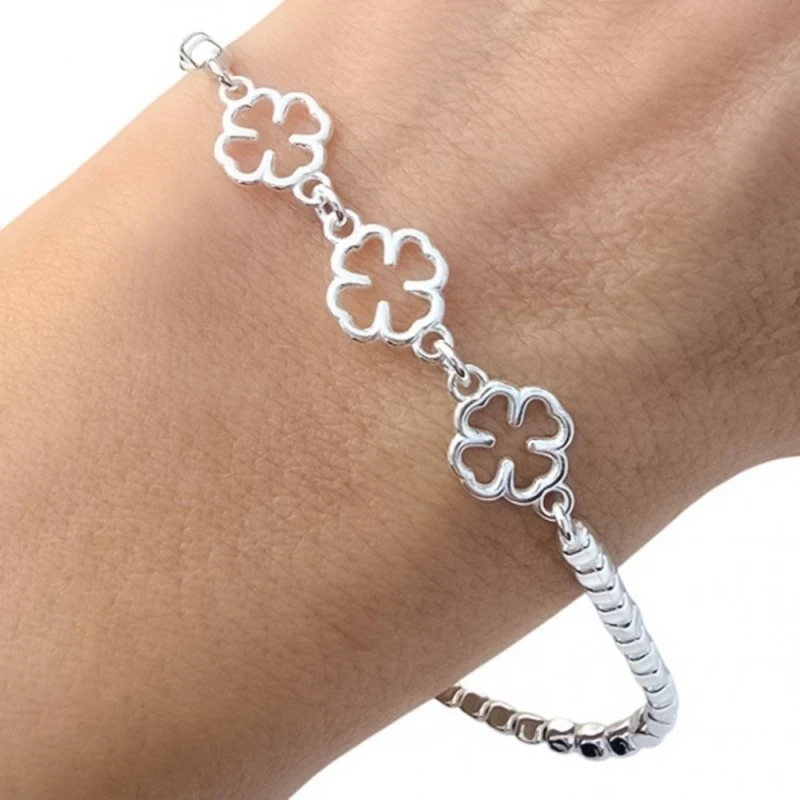 Pulsera Plata Ley 925m cuadrados combinados 3 trébol centro calados