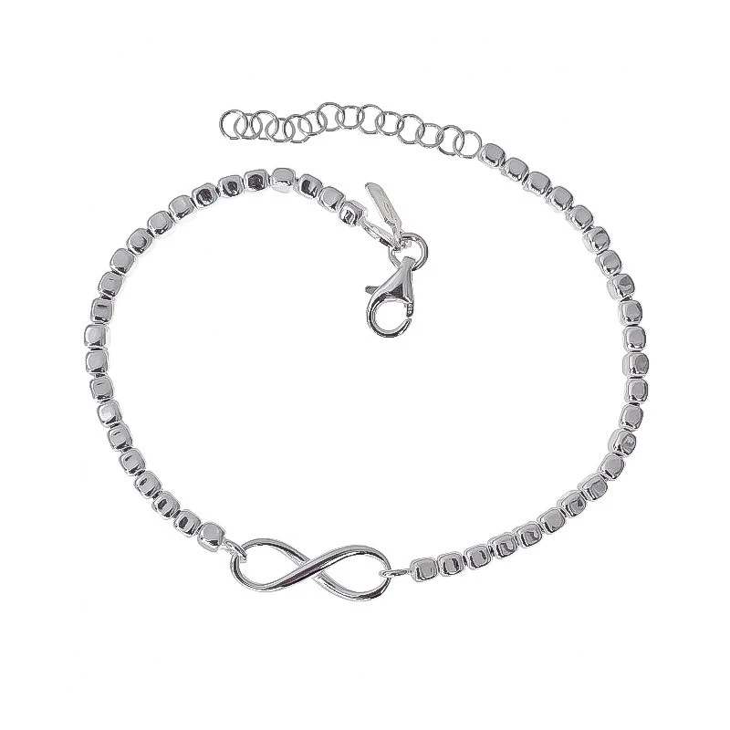 Pulsera Plata Ley 925m 17 cm. cuadrados 3 mm. símbolo infinito 15 mm.