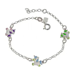 Pulsera Plata Ley 925m niña 16 cm. cadena rolo unicornios esmaltados