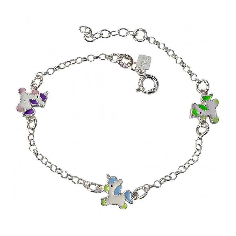 Pulsera Plata Ley 925m niña 16 cm. cadena rolo unicornios esmaltados