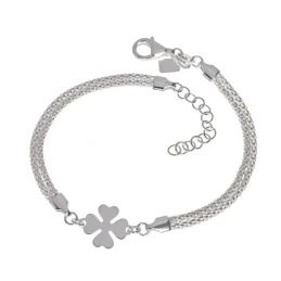 Pulsera Plata Ley 925m cadena 17 cm. doble coreana trébol 10 mm. liso