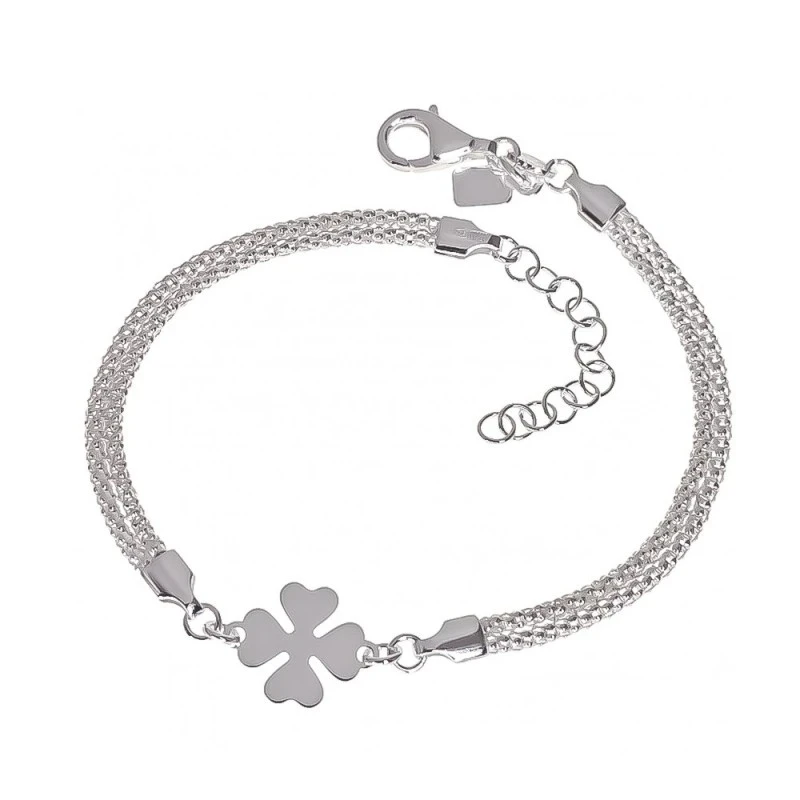 Pulsera Plata Ley 925m cadena 17 cm. doble coreana trébol 10 mm. liso