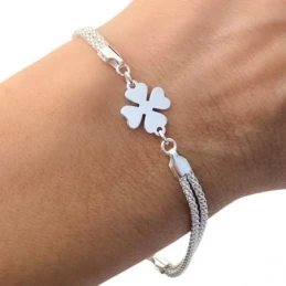 Pulsera Plata Ley 925m cadena 17 cm. doble coreana trébol 10 mm. liso