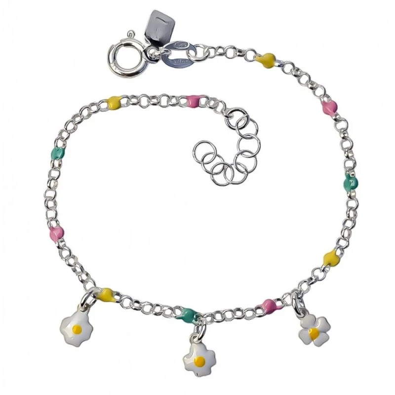 Pulsera Plata Ley 925m niña 14.5 cm. cadena rolo flores colgantes esm