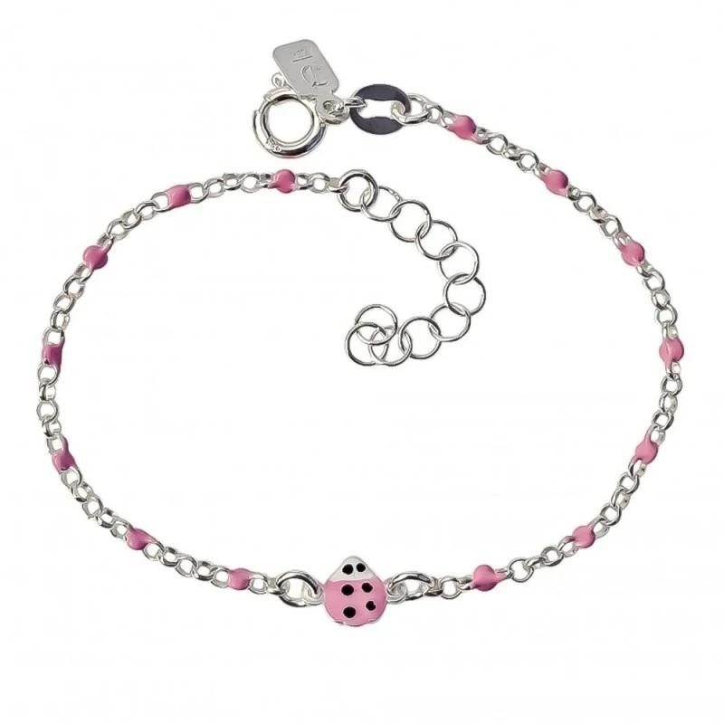 Pulsera Plata Ley 925m niña 14 cm. cadena rolo mariquita esmaltada 6