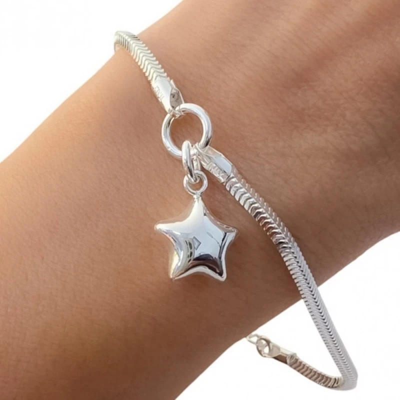 Pulsera Plata Ley 925m cadena topo 17 cm. ancho 2 mm. estrella colgan