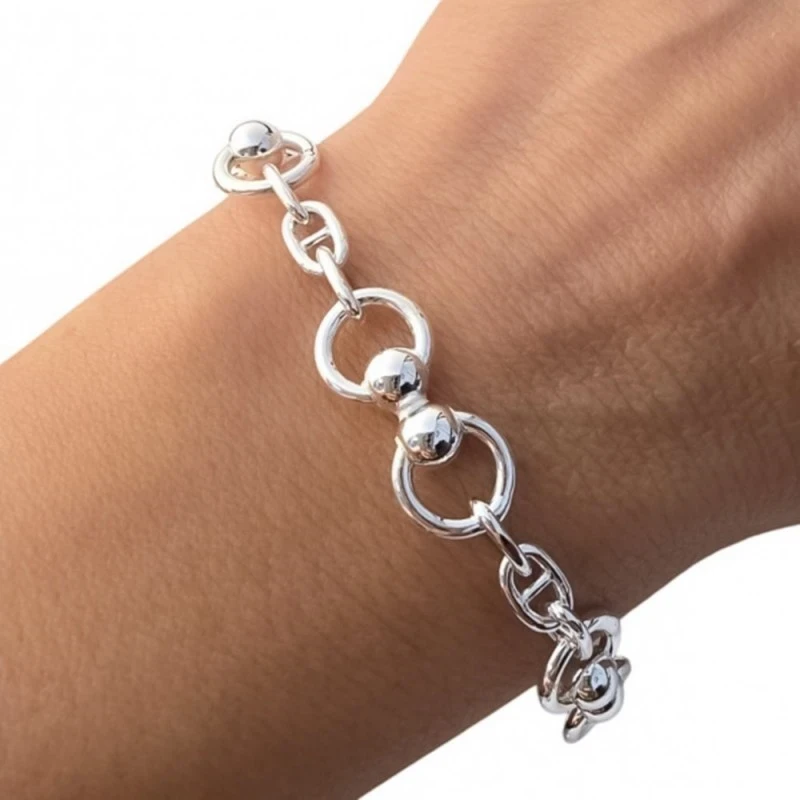 Pulsera Plata Ley 925m asas eslabones combinados bolas lisas
