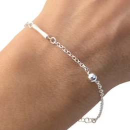 Pulsera Plata Ley 925m cadena rolo 17 cm. bambú 11 mm. bola lisa 4 mm