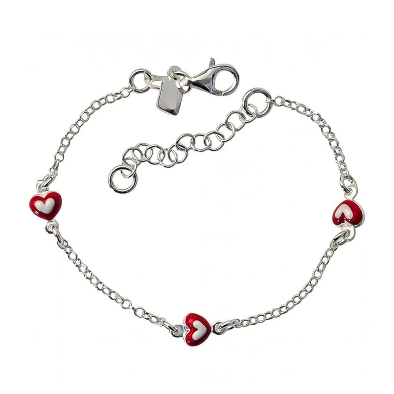 Pulsera Plata Ley 925m niña cadena rolo 14 cm. corazones esmaltados 5