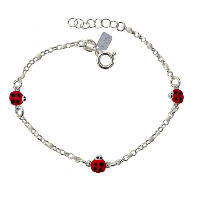 Pulsera Plata Ley 925m niña cadena rolo 14.5 cm. mariquitas esmaltada