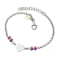 Pulsera Plata Ley 925m niña cadena rolo 14 cm. corazón liso 8 mm. bol